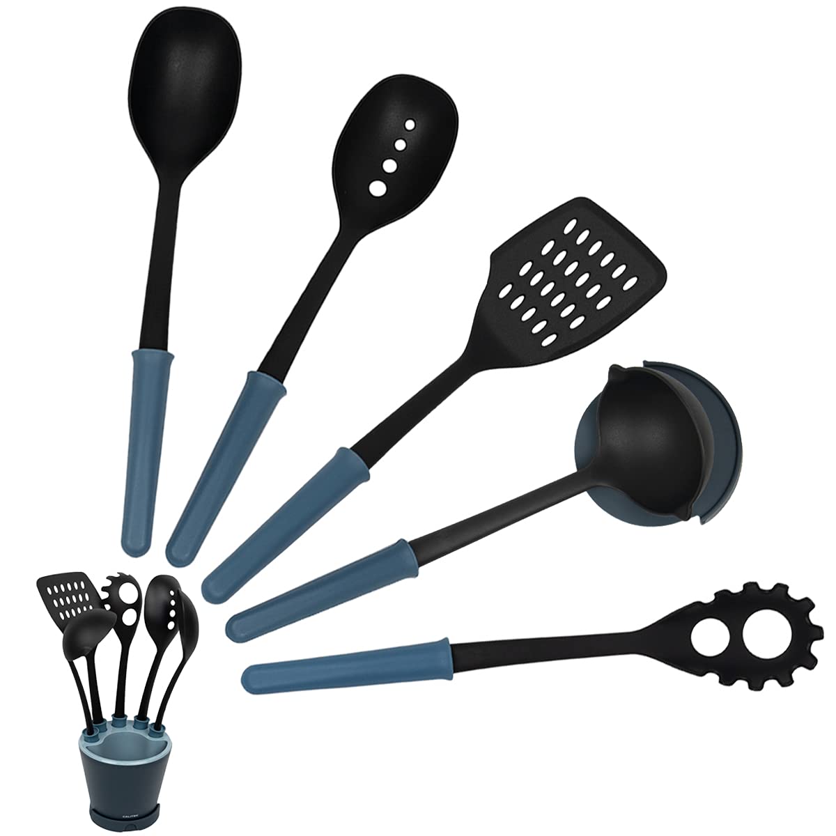 Calitek Utensil Set 5 Piece Nylon Kitchen Cooking Utensil Tools Non Stick Heat Resistant Anti Scratch BPA Free Utensils with Holder and Spoon Rest (Blue)