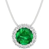 Clara Pucci 14K White Gold Plated Solitaire 16" Box-Chain Necklace - Sterling Silver 1.16ct Round Cut Emerald Pendant