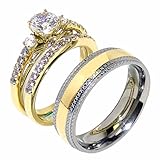His/Hers 3 PCS Small CZ Gold Plated Stainless Steel Ring Set/Mens Gold Plated Band-SIZE W7M13