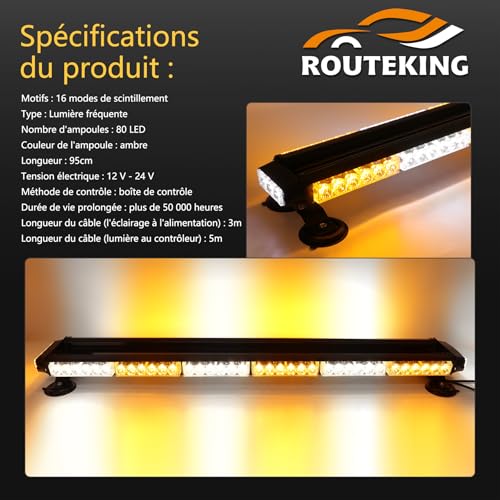 ROUTEKING 95 cm 80 LED Flashing Strobe Light Bar – 12 V/24 V Magnetic LED Beacon for Vehicle Car, Beacon with Magnetic Base (Amber/White/Amber)