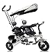 Costzon Kids Trike, 4 in 1 Twins Tricycle, 360°Rotatable Seats, Steer Stroller Detachable Canopy, Foldable Foot Pedals, Storage Basket (Tandem Tricycle, Black)