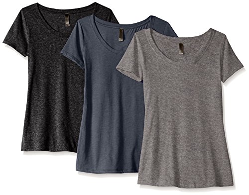 Clementine Apparel Women's Petite Plus Tri-Blend Scoop Neck Tee (Pack of 3), Black/Dark Gray/Midnight Navy, Large