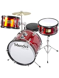 Mendini by Cecilio 16 inch 3-Piece Kids / Junior Drum Set with Adjustable Throne, Cymbal, Pedal & Drumsticks, Metallic Bright Red, MJDS-3-BR