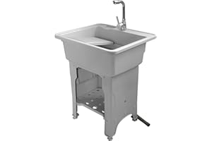 GETANYE Freestanding Plastic Utility Sink Laundry Tub outdoor sink Drop in Deep sink kit with Inlet and Drain Pipe with Hot&Cold Faucet,Basement for Laundry Room&Garage or Shop,Size:25.9*21.65*31.5in(Gray)