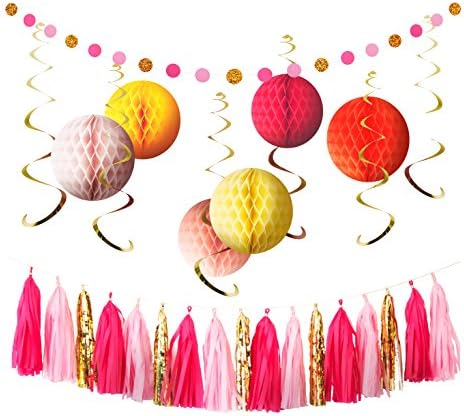 Voplop Party Tissue Decorations of 25 pcs - Paper Honeycombs - Circle and Tassel Garlands - Glitter Hanging Swirls - for Baby Showers - Birthday Party - Weddings