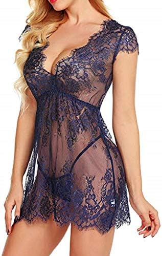 JSMAI Women Sexy Lingerie Eyelash Lace Chemise Babydoll Nightwea Dress with G-String Thong