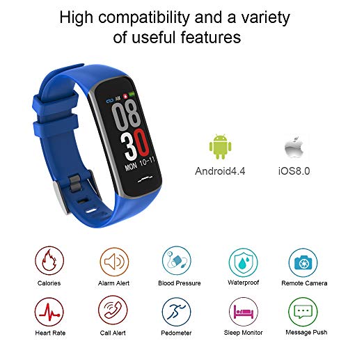 Fitness Tracker, Activity Tracker Watch with Heart Rate Monitor, Smart Watch with Message Reminder and Step Counter, Smart Bracelet with Blood Pressure and Sleep Monitor (Blue)