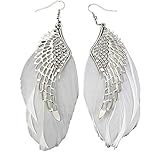 Toraway Angel Metal Wing Bohemian Handmade Vintage Feather Long Drop Earrings (White)