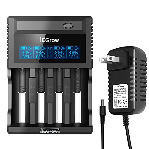 iEGrow ZL440C 4-Bay Smart Battery Charger with LCD Display for 26650, 18650, 18500, 18350, 17670, 17500, 16340, 14500, 10440 3.7V Lithium Batteries and 1.2V Ni-MH and Ni-Cd A/AA/AAA Batteries
