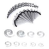 54 Pieces Gauges Kit Silvertone Glitter Spiral Tapers and Plugs 14G-00G Stretching Kit - 27 Pairs