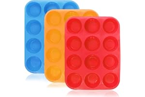 12-Cup Silicone Muffin & Cupcake Baking Pan, YuCool 3 Pack Silicone Molds for Muffin Tins, Cakes Microwave Oven Safe (Orange, Red, Blue)