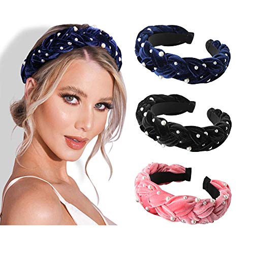 Women Pearl Knot Headbands Velvet Wide Head Hoop Elastic Turban Headwear Hair Accessories for Women Girls