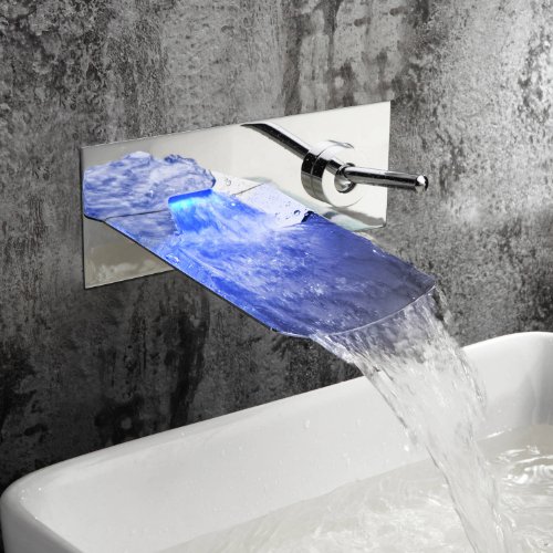 Sprinkle Chrome Color Changing LED Waterfall Wall Mount Bathroom Sink Faucet Widespread Single Handle Hole Cover Plate Vessel Sink Faucets Water Flow Powered Bath Shower Faucets Bathtub Mixer Taps - Thumbnail 4