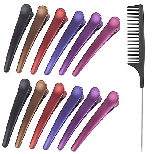 12pcs Sectioning Clips + 1pcs Antistatic Tail Comb, Multicolor Professional Hair Clamp Grips for Women Girls Hairdressing Styling Salon Tool (Mix Color)