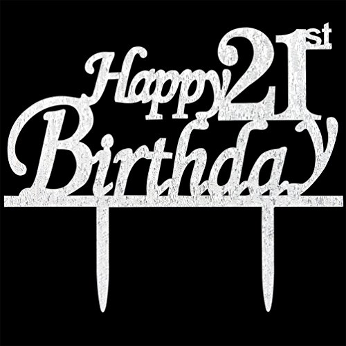 Happy 21st Birthday Cake Topper - 21 Happy Birthday Silver Glitter Party Cake Decorations