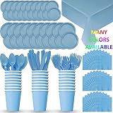 HeroFiber Disposable Paper Dinnerware for 24 - Light Blue - 2 Size Plates, Cups, Napkins , Cutlery (Spoons, Forks, Knives), and tablecovers - Full Party Supply Pack