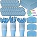 HeroFiber Disposable Paper Dinnerware for 24 - Light Blue - 2 Size Plates, Cups, Napkins , Cutlery (Spoons, Forks, Knives), and tablecovers - Full Party Supply Pack