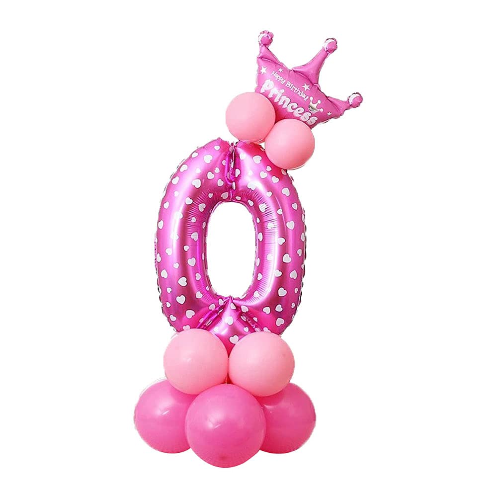 POFET All Numbers Letters Princess Prince Crown Foil Balloons Upright Column Set Birthday Party Decor - Pink 0