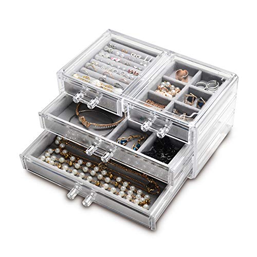 Frebeauty Acrylic Jewelry Box 4 Drawers,Clear Jewelry Organizer Velvet Rings Necklaces Earring Bracelets Display Case Stand Holder Tray for Women Girls (Gray)