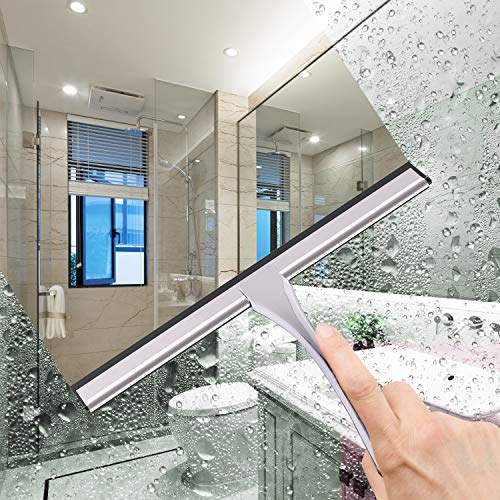 LPOLER Stainless Steel Shower Squeegee for Shower Doors, All-Purpose Window Squeegee for Bathroom, Mirrors, Tiles and Car Windows with 2 Hooks, 10 inch