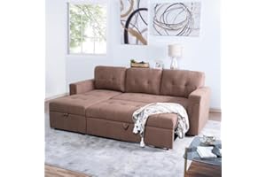 Naomi Home Jenny Sectional Sofa Sleeper with Storage Chaise, Tufted Pull Out Couch with Storage, Sectional Sofa Bed, L-Shaped Reversible Sleeper Sofa with Storage, Mocha,Velvet