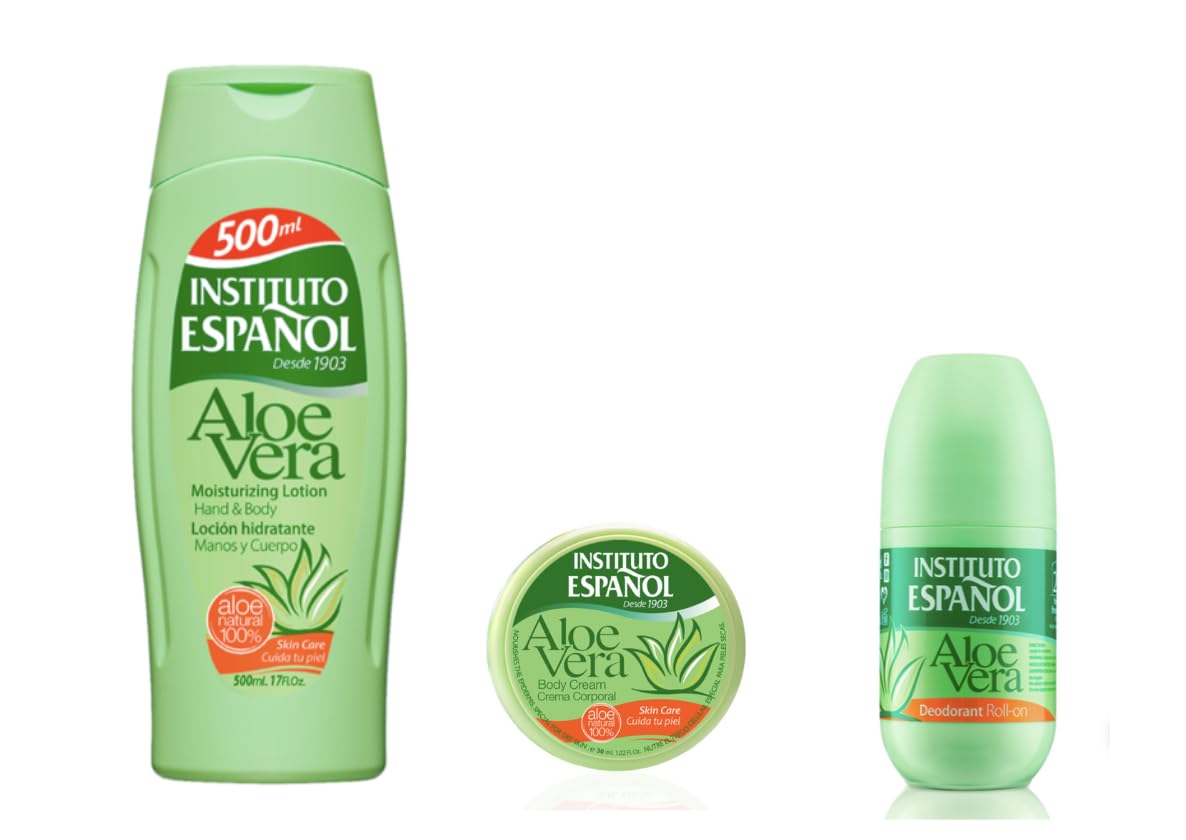 Instituto Espanol Aloe Vera Complete Set of 3 (Body Cream Crema Carporal 50 ml+Desodorante Roll-on 75 ml+Moisturizing Lotion Hand & Body 500 ml)