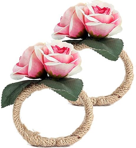 PPARTY 3 Heads Bridal Wrist Corsage Flower Bridemaid Wedding Bouquet Girl Women Use, Natural Hemp Jute Rings, Red White Rose Camellia - PW002