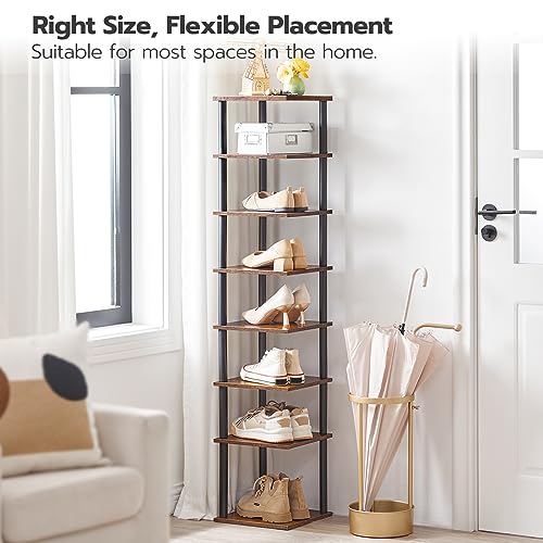 HOOBRO Vertical Shoe Rack for Small Space, 8-Tier Corner Shoe Rack, Narrow Shoe Storage Organizer for Entryway, Hallway, Bedroom, No-Tool Assembly, Wooden, Rustic Brown and Black EBF22XJ01