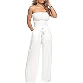 ECDAHICC Women's Strapless Tube Top Rompers Casual Off Shoulder Solid Color Belted Wide Leg Jumpsuit with Pockets
