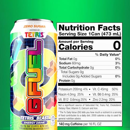 G FUEL ENERGY DRINK, CANDY FLAVOR, SUGAR FREE BEVERAGE WITH 300MG CAFFEINE, DAILY ENERGY BOOST WITH FOCUS AMINO, VITAMIN + ANTIOXIDANTS, 16 OZ CANS (TETRIS, 12-PACK)