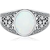 LELOUCHY 10MM Oval Cut Vintage Opal Statement Ring 925 Sterling Silver White/Black/Blue Opal Retro Filigree Ring for Women Size 4-12