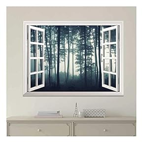 Modern White Window Looking Out Into a Dark Foggy Forest - Wall Mural, Removable Sticker, Home Decor - 24x32 inches