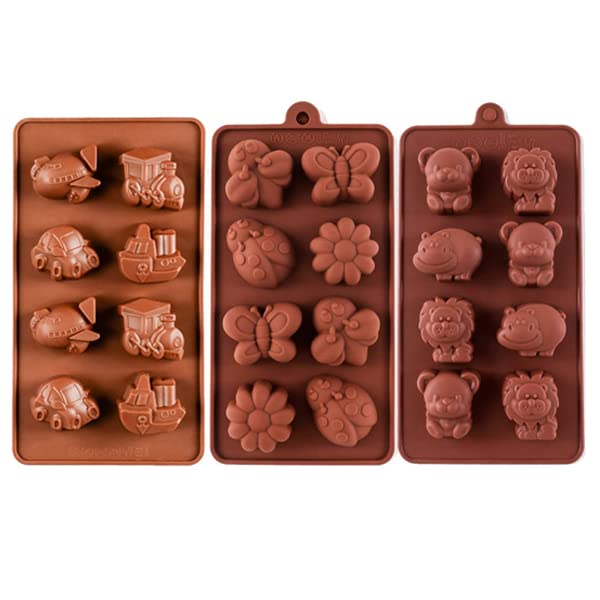 Selecto Bake Cartoons Car 3 Pcs Silicone Chocolate Moulds Insects, Animals and Auto Train Ship Plane Shaped Baking Mold Set for Candy, Jelly, Ice Cube and Soap