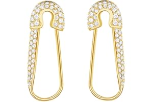DTJA CZ Safety Pin Cartilage Sterling Silver Hoop Earrings for Women Girls Dainty Cubic Zirconia Dangle Drop Hypoallergenic Stud Post Crystal Huggie Fashion Hoops Jewelry 20mm Gold-Tone