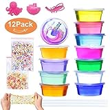 SEYOU Slime Kit, 12 Colors Non-Toxic Clear Crystal Slime Soft Jelly Clay Putty Mud Stress Relief Toy Jelly Toy for Kids & Adult, Includes Foam Balls, Fruit Slices, Moulds and Straws, DIY Slime Making