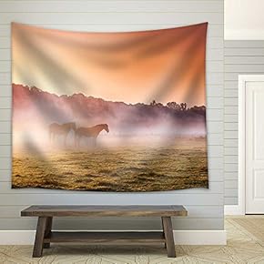 Arabian Horses Grazing on Pasture at Sundown in Orange Sunny Beams - Fabric Wall Tapestry Home Decor - 51x60 inches
