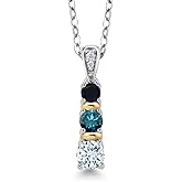 Gem Stone King 925 Silver and 10K Yellow Gold Round Sky Blue Aquamarine Blue Diamond and Black Onyx Pendant Necklace For Women (0.50 Cttw, Gemstone March Birthstone, with 18 Inch Chain)