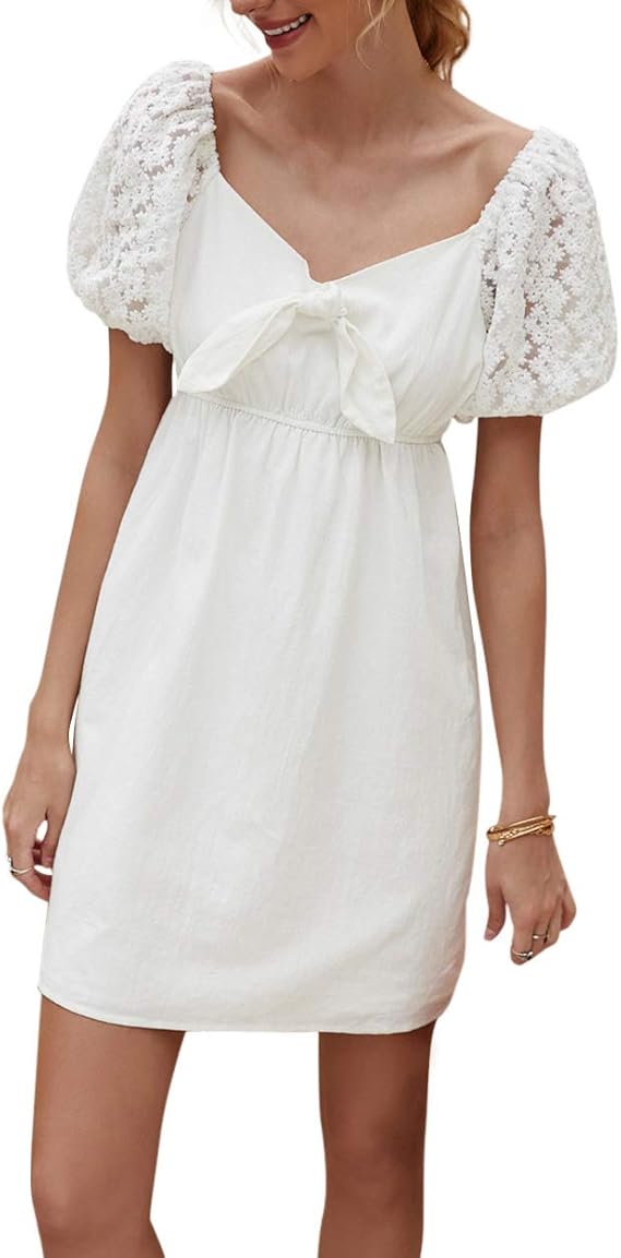 Amazon Co Jp Katigan 夏のホワイトい小さな生花刺繍リボンパフスリーブドレス薄い気質ミニワンピース Mサイズ 服 ファッション小物