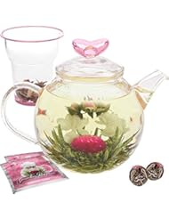 Teabloom Eternal Love Teapot â€“ Glass Teapot (36 oz), Heart-Topped Lid, Glass Loose Leaf Tea Infuser + 2 Gourmet Blooming Teas - Thermal Shock Resistant - Stovetop Safe