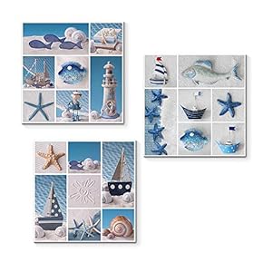 3 Piece Canvas Wall Art for Living Room Bedroom Home Artwork Starfish Shell Fishing Net Sands Beach Paintings Ready to Hang - 12"x12"x3 Panels