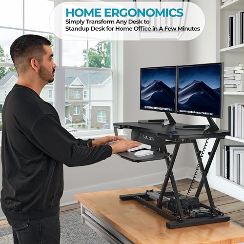 VERSADESK PowerPro 36 Inch Electric Standing Desk Converter – Push-Button Height Adjustable Sit to Stand Desk Riser for Dual Monitors & Laptop – Motorized Desktop Workstation with Wide Keyboard Tray