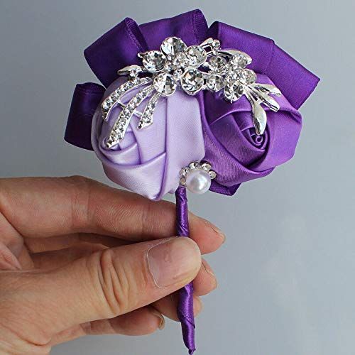 FidgetKute Mix Silk Rose Bridal Bridesmaid Corsage Flowers Rhinestone Corsage Brooch Pearls Purple & Light Purple One Size