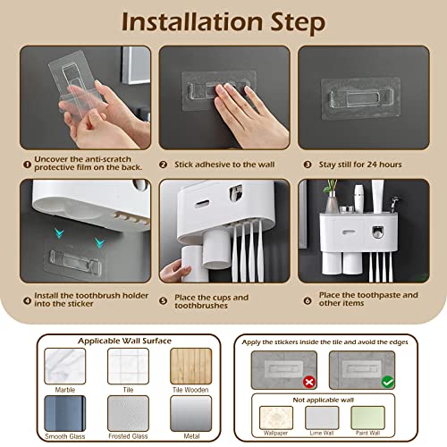 Toothbrush Holder Wall Mounted for Bathrooms, LJ KuKu Lady Toothbrush and Automatic Toothpaste Dispenser Squeezer, with 2 Magnetic Cups, 4 Organizer Slots, Drawer Storage Tray