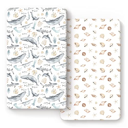 GRSSDER Stretchy Ultra Soft Jersey Knit Fitted Crib Sheets Set 2 Pack, Fit All Standard Crib Mattresses Safe and Snug, Beautiful Marine Organism for Boys and Girls