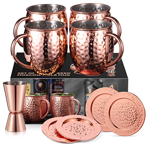 QCen Moscow Mule Becher, Kupferbecher Set mit 4 Untersetzer und 1 Messbecher, 530ml Handgefertigt Kupfertassen Großartig…