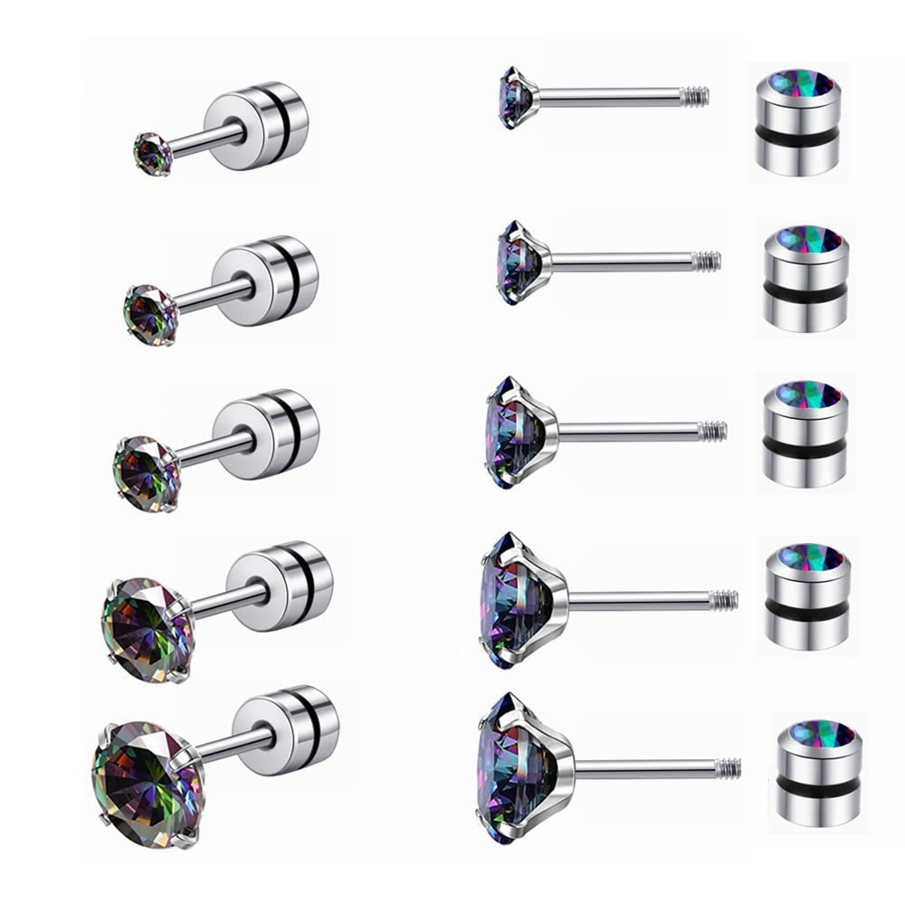 ZOCOYUU 5 Pair Titanium Screw Back Stud Earrings Set for Women Girls, Hypoallergenic Surgical Steel 5A Cubic Zirconia 20G Helix Piercing Jewelry Cartilage Earrings for Sensitive Ears Sleeper Studs