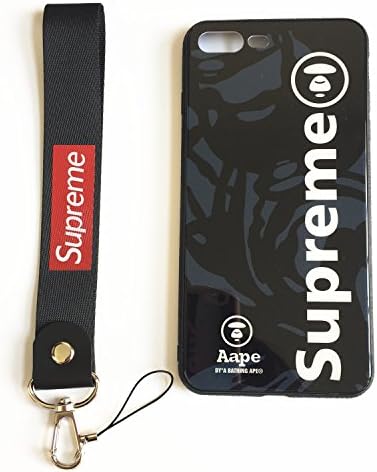 iPhone 7 Plus and 8 Plus Supreme Case with Wrist Lanyard,Streetwear Fashion Hard Glass Back Cover Soft TPU Bumper Frame Anti-scratch Shockproof Resistant Case for iPhone 7/8 Plus Case 5.5 inch (Black)