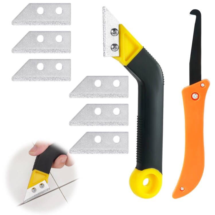 Flintronic Grout Scraper, Set of 9 Tile Grout Scrapers with 7 Replacement Blades and 1 Angled Saw, Tile Cleaning Razor Scraper, Tile Jointer Scraper