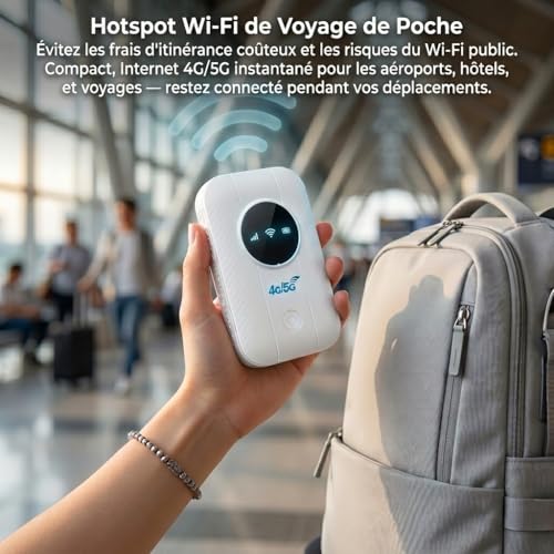 Routeur 5G Portable WiFi 6 -Modem Internet Mobile Haut Débit Déverrouillé， Point d'Accès Mobile (MiFi) pour Voyage, Batterie 2100mAh (12h Autonomie), USB-C, WPA3, Nano SIM, Plug & Play-CC
