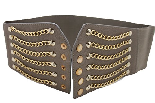 TFJ Women Fashion Corset Belt Wide Waist Gray Faux Leather S M Gold Chains